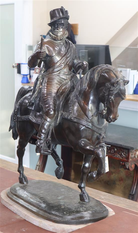 A bronze horseman, on marble base, dated 1848 height 89cm